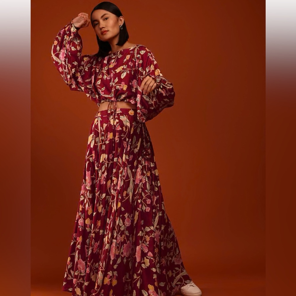 Red Floral Print Crop Top And Lehenga